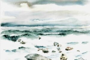 Steine-in-der-Brandung,-Aquarell,-30-x-40-cm,-Max-Struwe