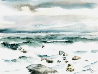 Steine-in-der-Brandung,-Aquarell,-30-x-40-cm,-Max-Struwe