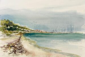 Yachthafen-Kuehlungsborn,-Aquarell-von-Sonja-Jannichsen-im-Format-30-x-40-cm