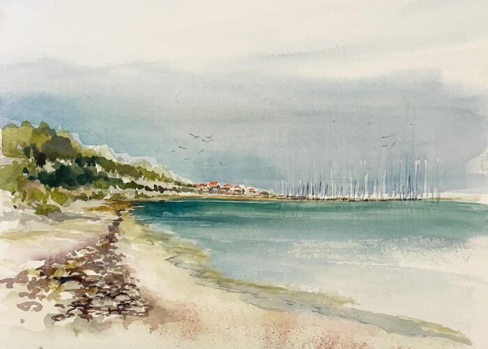 Yachthafen-Kuehlungsborn,-Aquarell-von-Sonja-Jannichsen-im-Format-30-x-40-cm