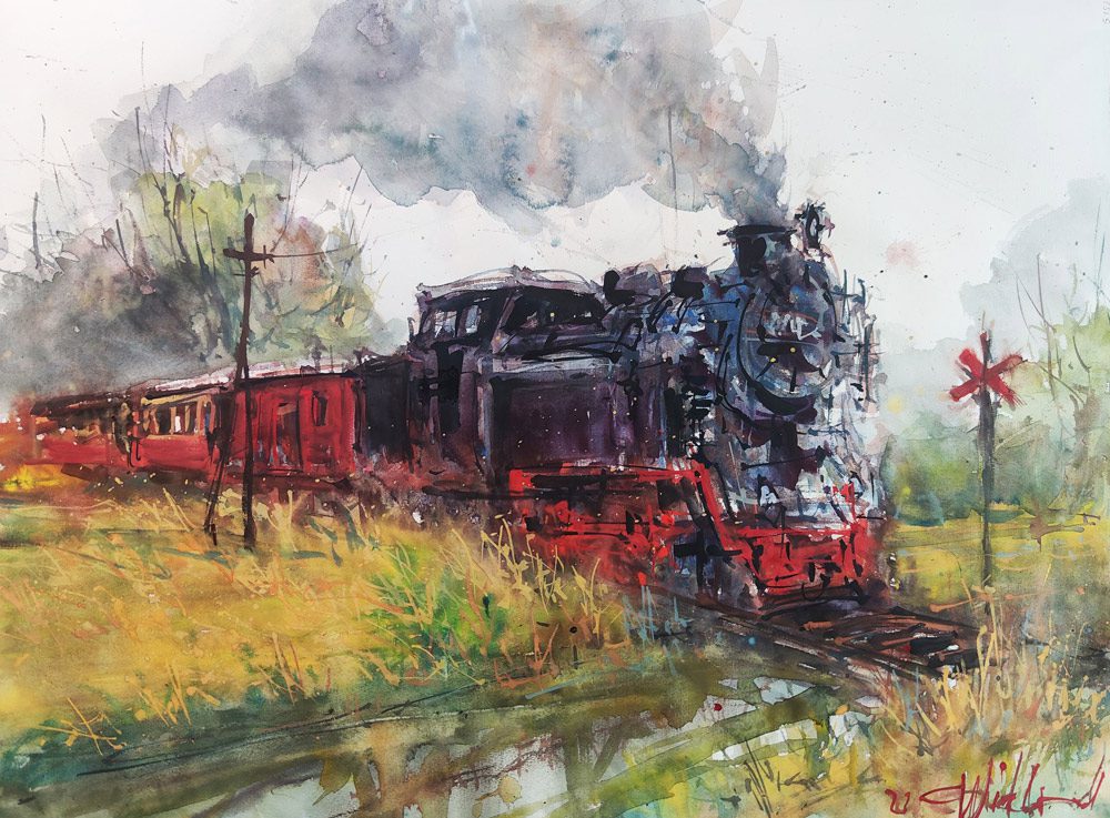 Molli Express Kühlungsborn - Carsten Wieland, Aquarell, 2023, 65x50cm